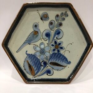 Ken Edwards Tonala Hexagon Blue Bird Dish Trinket Tray Pottery Marked Mexico Art